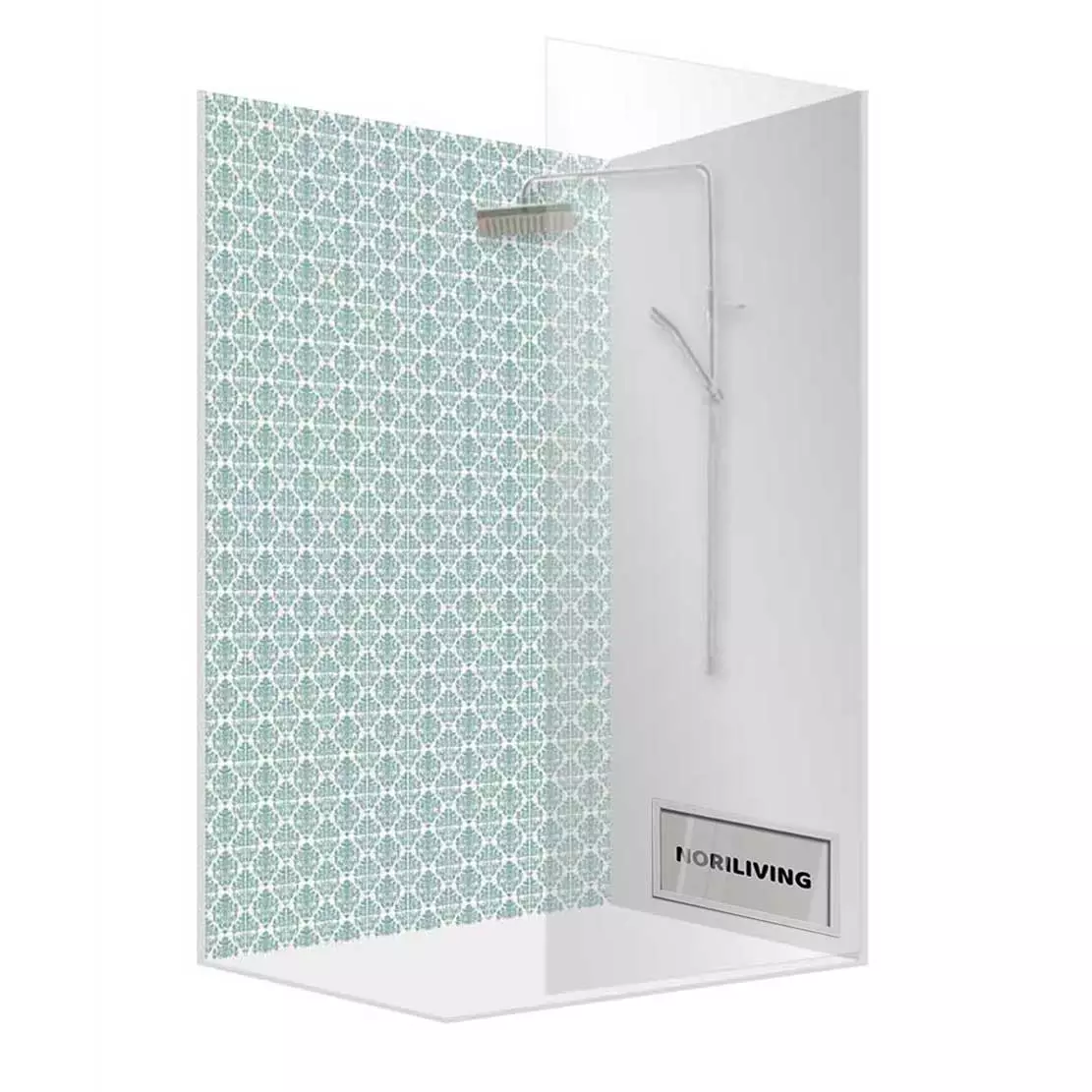 Moderne Duschkabine mit dekorativem blauem Muster und klarer Glastür