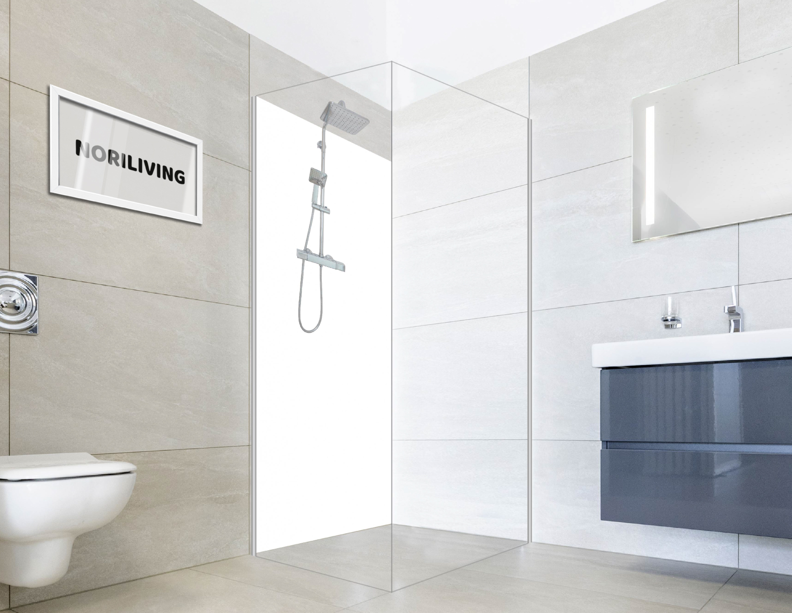 Ein modernes Badezimmer mit einer offenen Dusche, einem hängenden Waschbecken und einer Toilette, sowie beigefarbenen Wänden und einem Spiegel.