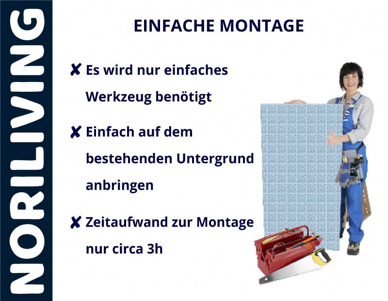 Person zeigt Fliese mit Montagehinweisen: Einfaches Werkzeug nötig, Montage auf bestehendem Untergrund, circa 3 Stunden Zeitaufwand. NORILIVING-Logo sichtbar.