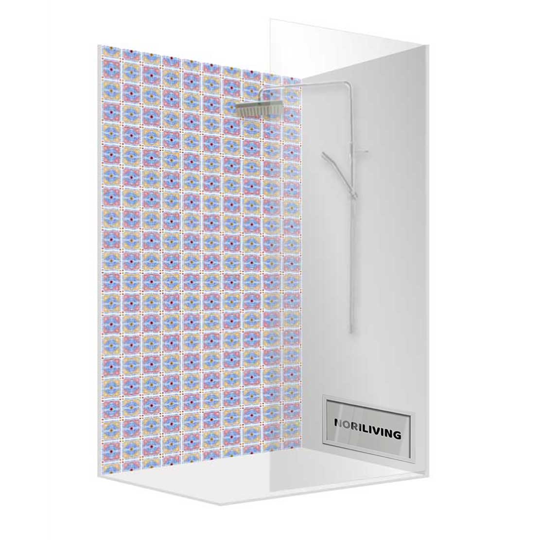 Duschkabine mit farbenfrohen Fliesen und eingebauter Armatur von Norliving