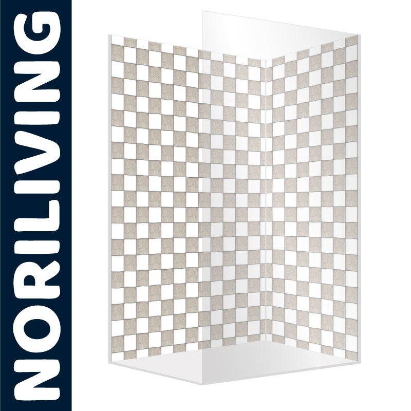 NORILIVING Duschwagen aus Glas mit elegantem Schachbrettmuster in Beige und Weiß