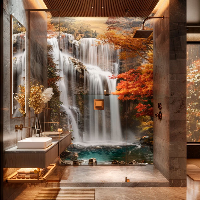 Modernes Badezimmer mit Glasdusche und Fototapete eines Wasserfalls im Herbst, umgeben von buntem Laub.