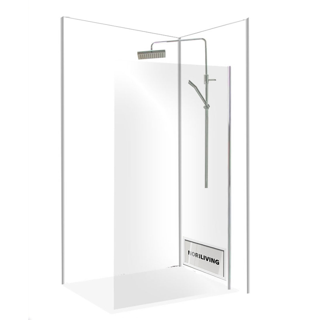 Abbildung einer eleganten Duschkabine mit transparenten Glaswänden und einem integrierten Regenduschkopf