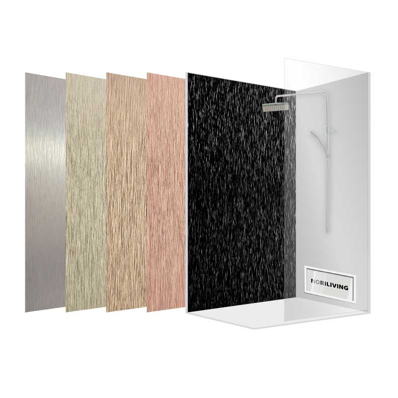 Bild zeigt fünf verschiedene Duschwand-Designs in unterschiedlichen Texturen und Farben, platziert nebeneinander.