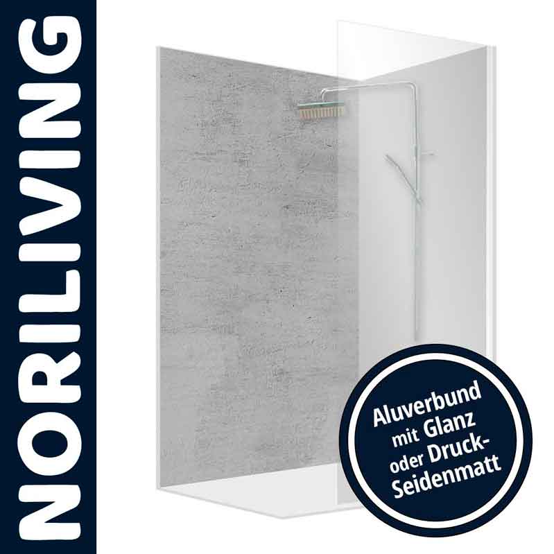 Duschtrennwand von Noriliving mit Aluverbund, in Glanz oder Druck-Seidenmatt erhältlich