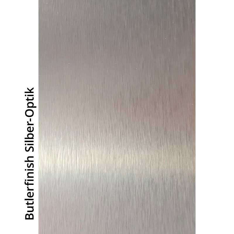 Metalloberfläche mit Butlerfinish in Silber-Optik, horizontal gebürstetes Muster