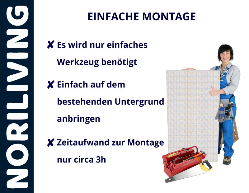 Einfach zu montierende Wandverkleidung mit minimalem Werkzeugaufwand, ca. 3 Stunden Montagezeit