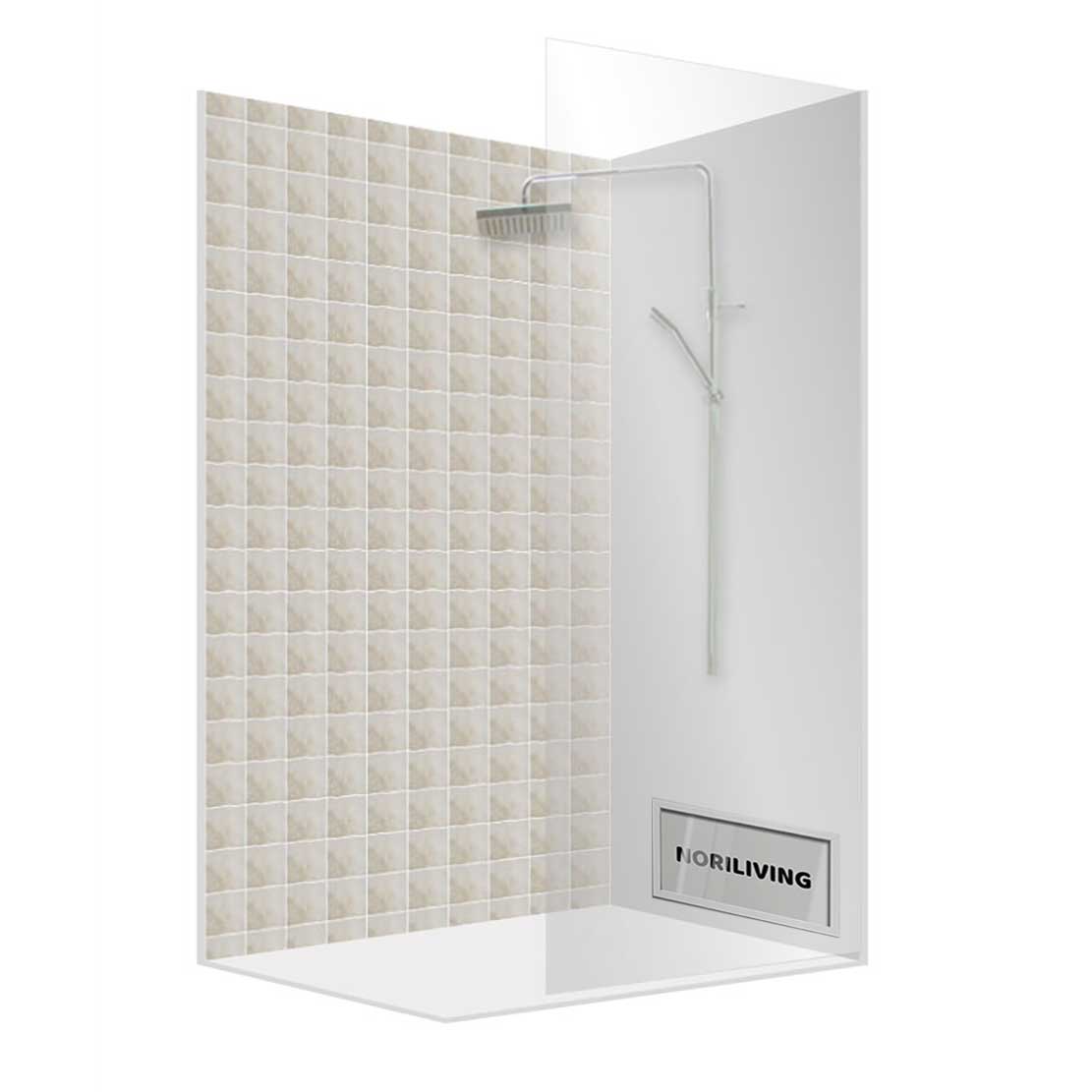 Duschabtrennung mit Glaswand, gefliester Rückwand und Regendusche